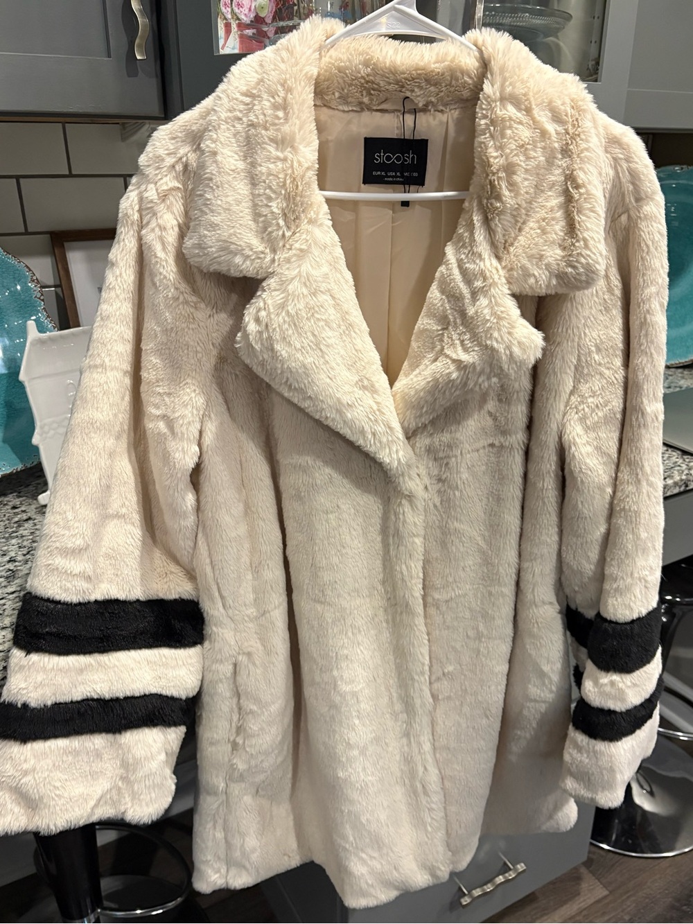 Stoosh Cream Faux Fur Coat with Black Sleeve Stripes